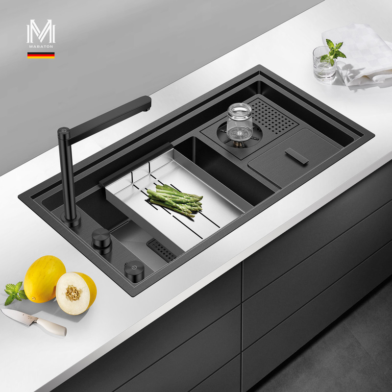 MABATON man Barton invisible black nano stainless steel kitchen sink large single slot with cup washer trash can MABATON man Barton invisible black nano stainless steel kitchen sink large single slot with cup washer trash can