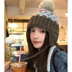 フェア島風ジャカード毛玉雷鋒帽子レトロ耳保護毛糸帽子子供が厚くて暖かい秋冬ニット帽子が湿っています。