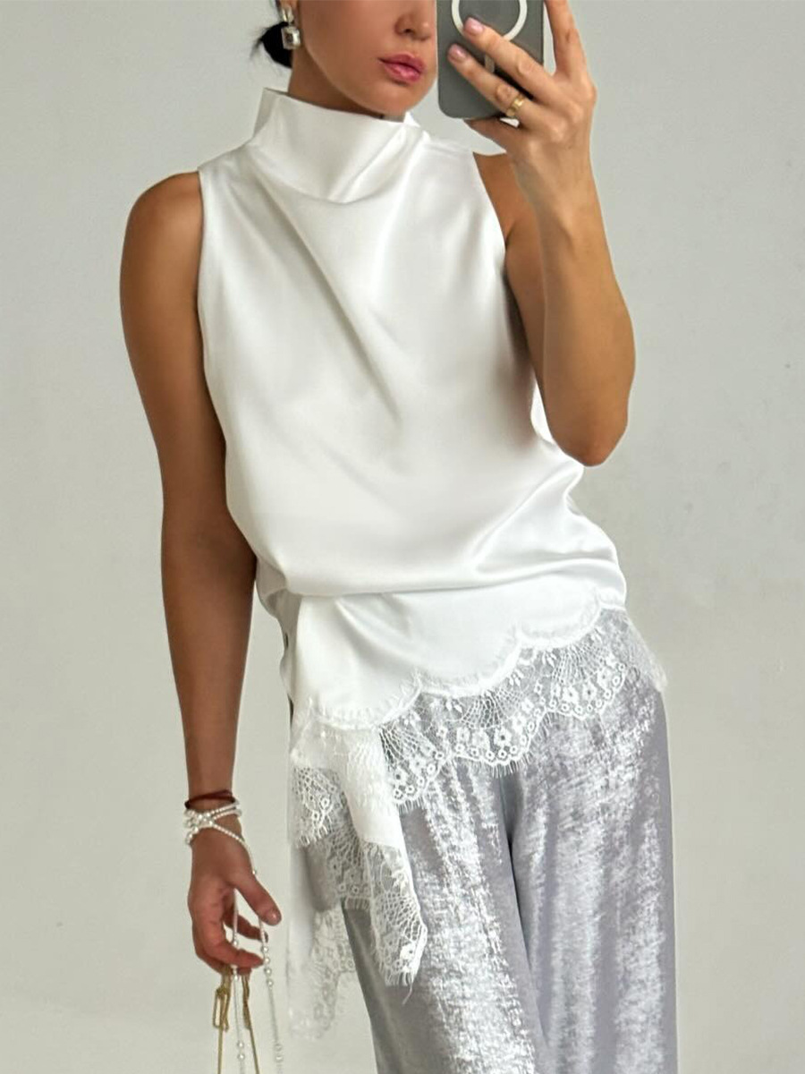 Ärmelloses Satin-top Mit Rollkragen Und Spitzenbesatz Für Damen_voghion.com