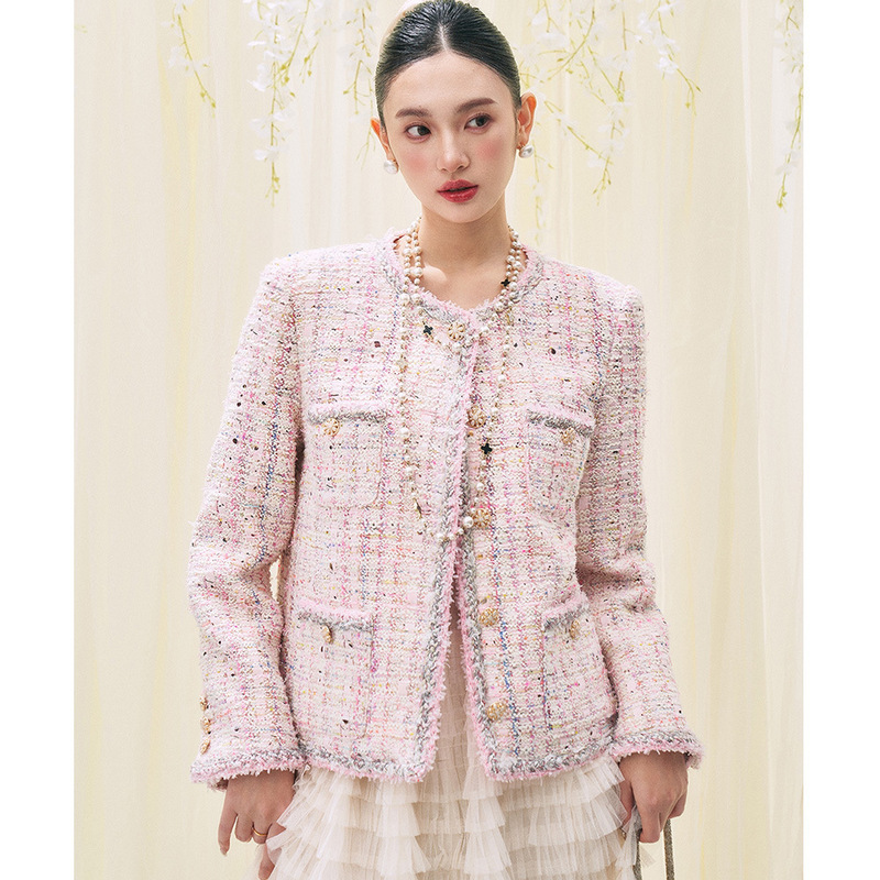 【Shengdu】26 Early Spring New French Style Pink Tweed Wool Short Jacket for Women