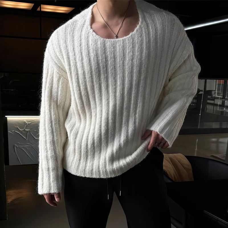 Lazy Oversized Anti-Striping Sweater for Men, Spring and Autumn Faux Alpaca Round Neck Pullover Knitwear, Thickened Warm Wool Sweater