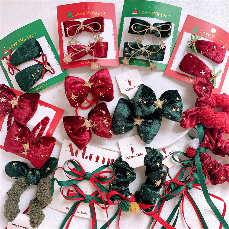 Children's Christmas New Year Velvet Bow Hair Clips and Bands for Girls with Bangs Fringe Baby Hair Accessories