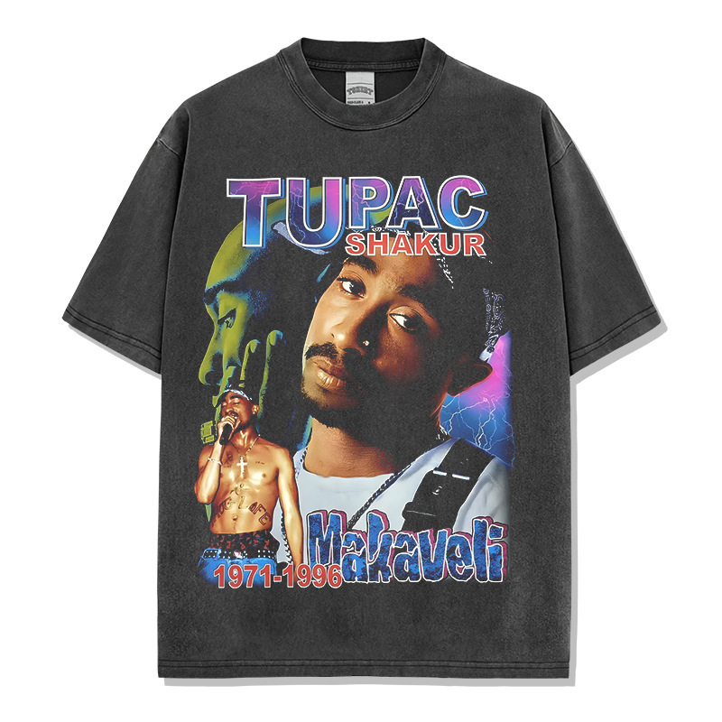 Cross-Border Tupac Printed Short-Sleeve T-Shirt Vintage Washed Heavy Cotton Round Neck Trendy T-Shirt 250g Heavy Cotton