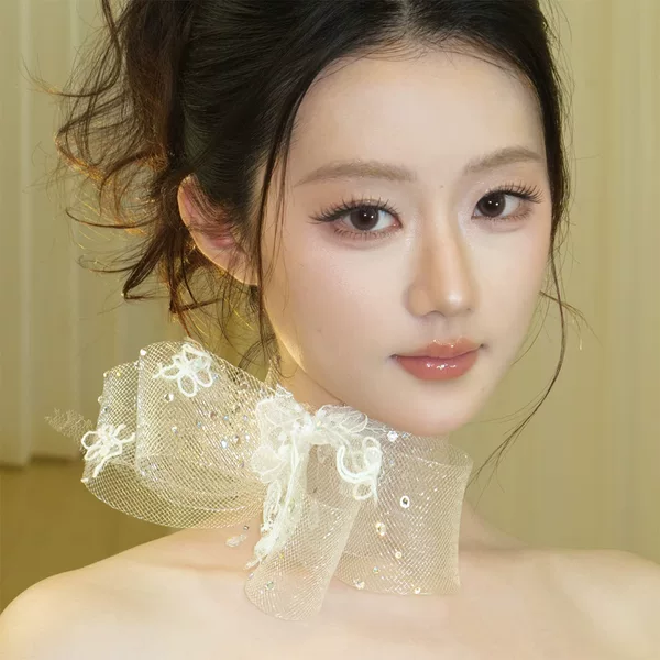 Korean-style fashion bridal bowknot mesh headpiece and neck flower, exquisite and simple accessories for photo shoots, wedding dresses, and banquet gowns