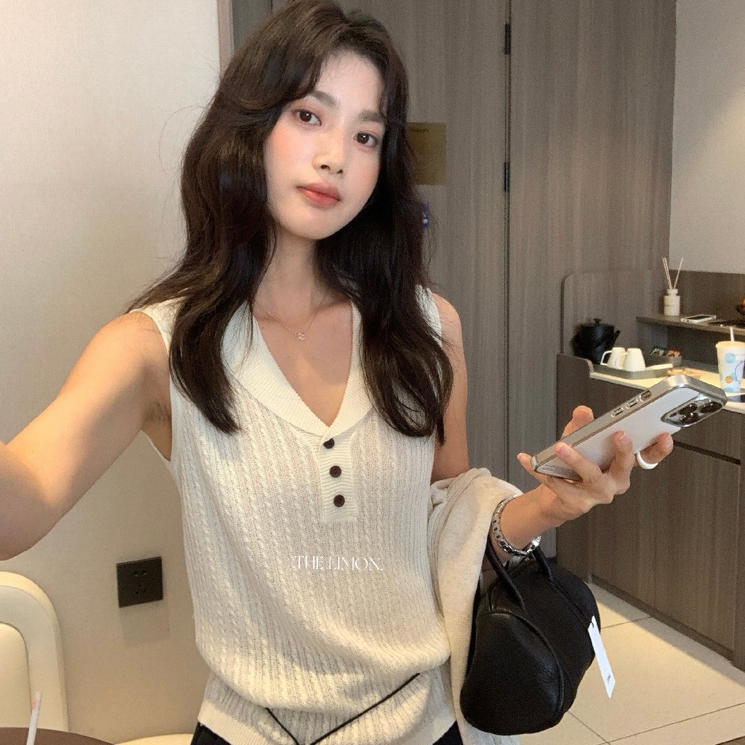 Áo len gile cổ bẻ họa tiết đan móc nữ tính, dáng suông mỏng nhẹ mùa hè — trắng ngà, xám nhạt, Xanh mù tạt, Tên