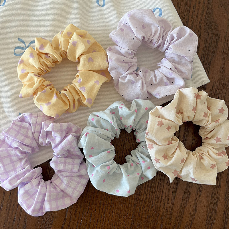 Cream-Colored Star Polka Dot Scrunchie Hair Tie, New Spring Style for Girls, Bun Hair Band, Ponytail Elastic
