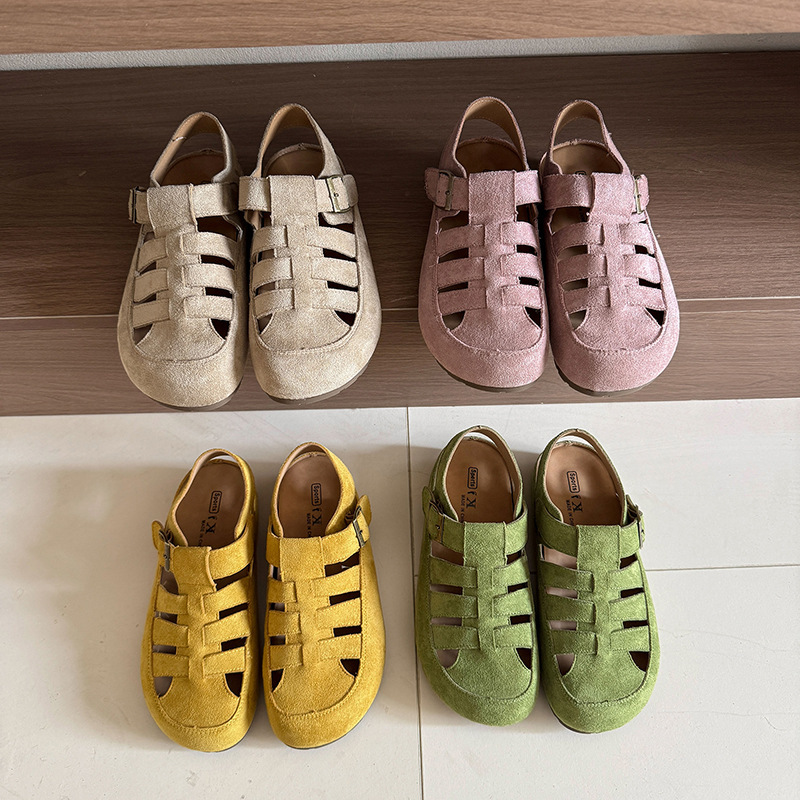 牛皮版~真皮罗马凉鞋女2025夏季新款百搭复古丑萌洞洞博肯凉鞋