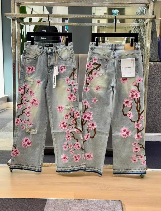 桜刺繍入りデニムパンツ！リッピングデザイン、ファッショナブルでカジュアル、スリムでストリートスタイル-WL617|undefined