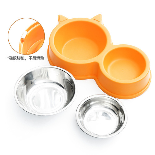 Cat-shaped dual-bowl stainless steel dining set wholesale home-style cat bowl integrated pet bowl to keep your mouth dry while feeding and drinking