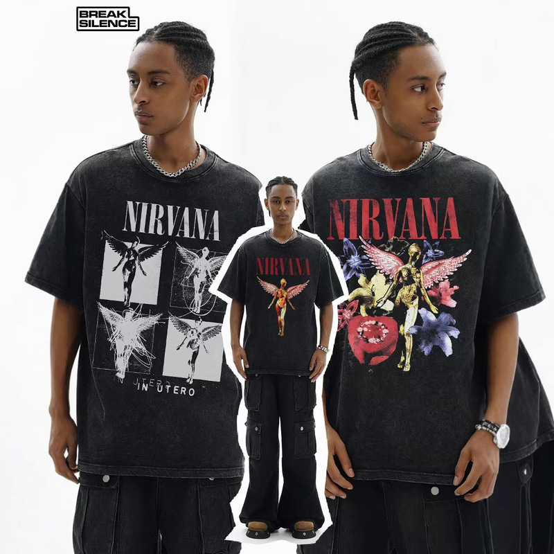 Nirvana Band Rock Nirvana Cobain Cobain American Style Old Washed Vintage Batik Loose T-Shirt Men