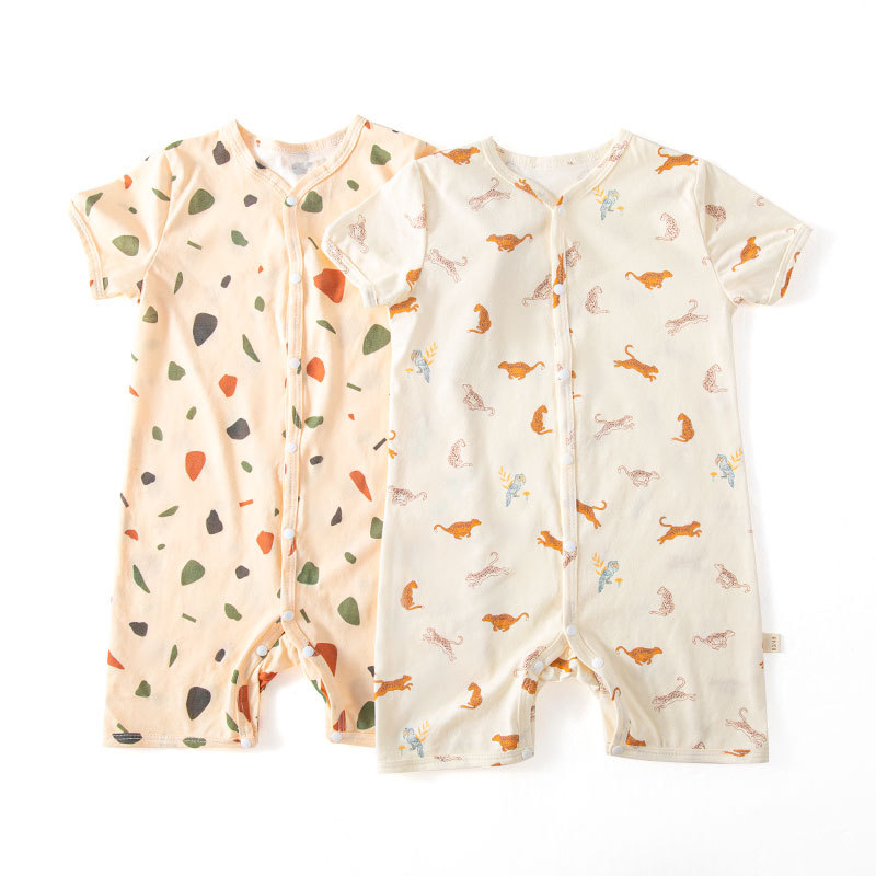 INS estilo europeo y americano estilo bebé manga corta mameluco verano fino bambú algodón impreso vaina mameluco para niños y niñas ropa de bebé