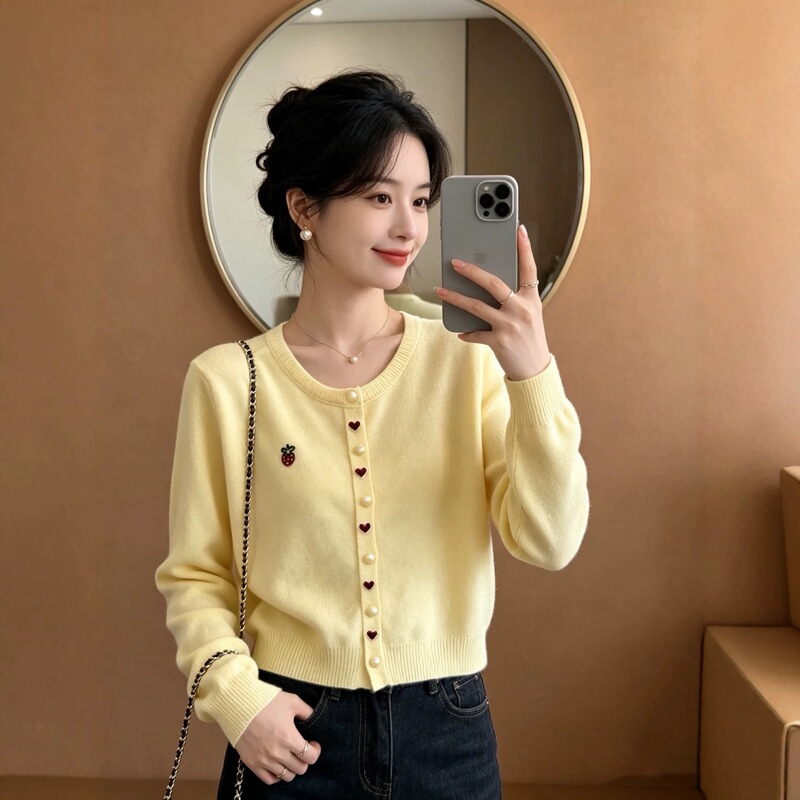 Heart-Shaped Strawberry Embroidery Knit Cardigan New 2026 Long-Sleeve Sweater Coat Knitwear Round Neck Loose Top