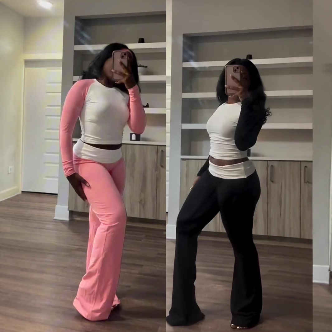 Y6058 New European and American Women's Color Contrast Tight High Waist Fold Slim Fit fleece-lined Sports Yoga Trousers suit