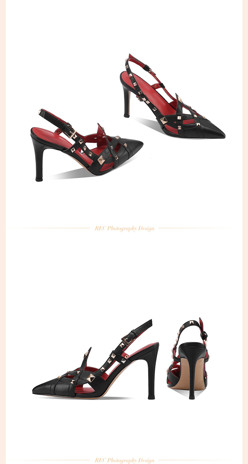 Sandal cao gót nữ mũi nhọn gót mảnh 7 cm quai chéo đinh tán — Màu đen (7 cm) chi tiết 3