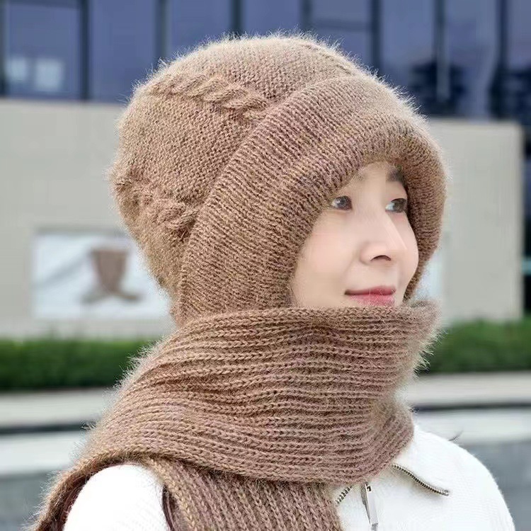帽子围巾一体加厚保暖帽冬季新款松鼠绒编织毛线针织女士帽网红帽
