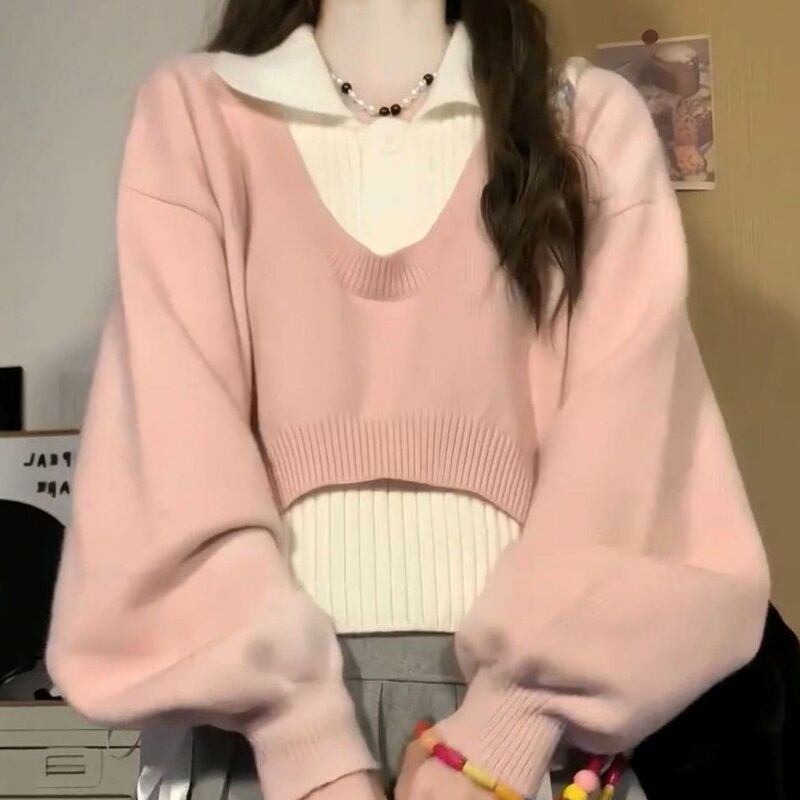 韩系百搭慵懒风粉色polo领气质针织衫两件套短款上衣毛衣女春秋|undefined