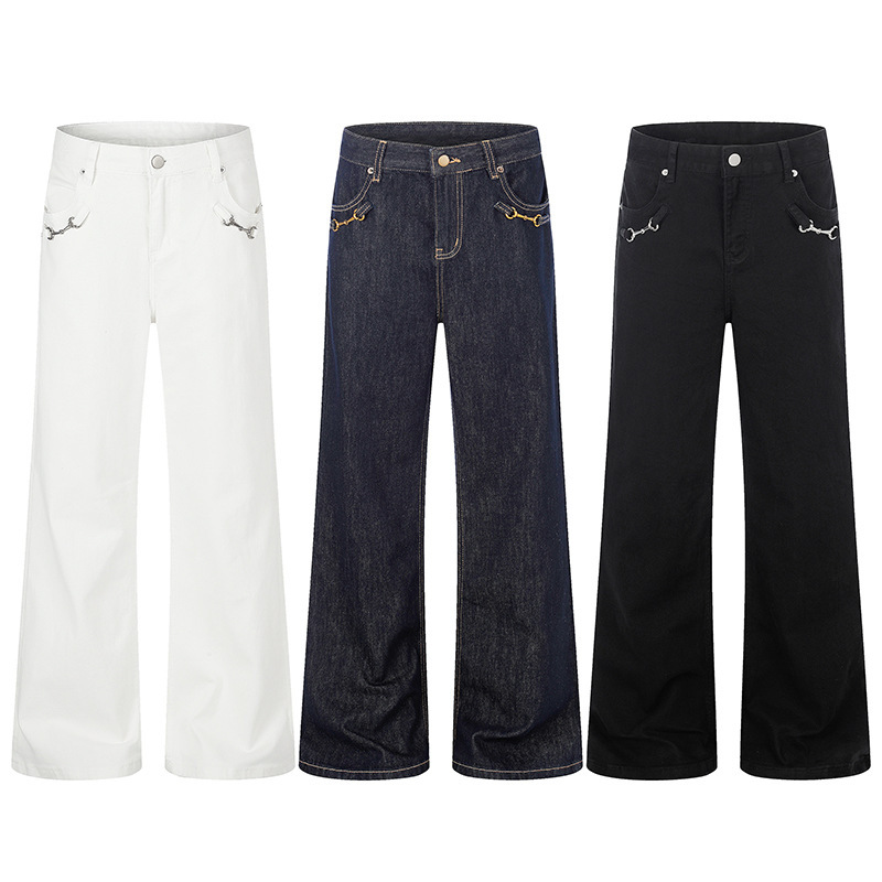 Evile Trendy Retro Original Color Washed Straight-Leg Flared Jeans with "Horseshoe Buckle" Design Versatile Long Pants Evile Trendy Retro Original Color Washed Straight-Leg Flared Jeans with "Horseshoe Buckle" Design Versatile Long Pants