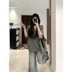 韩系简约休闲V领灰色慵懒风短袖T恤女夏新款宽松垂感百搭半袖上衣