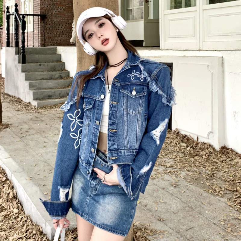 Retro denim spring jacket, atmospheric design long-sleeve, Korean style