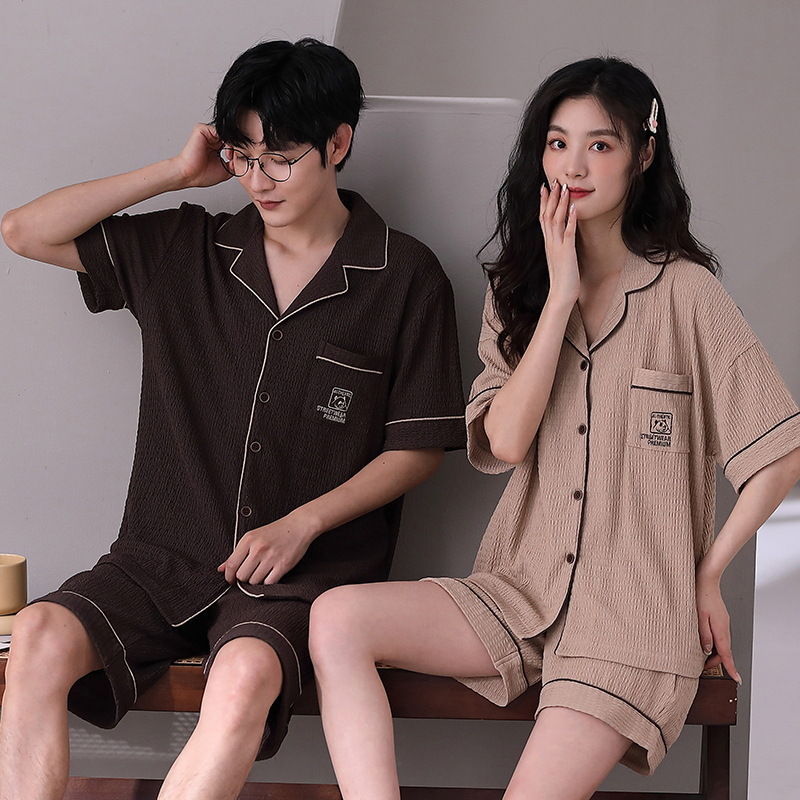 2023 verano nueva pareja pijamas de las mujeres solapa cardigan manga corta shorts coreano casual hombres ropa para el hogar