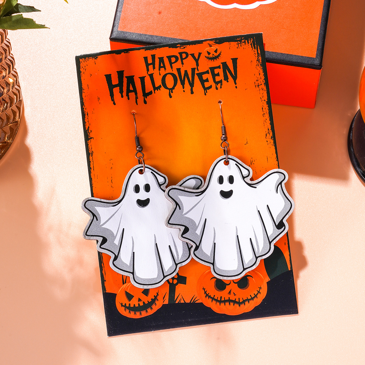 14g Weight Iron Ear Needle Material Drop Earrings Classification 1 Pair Quantity Party, Festival, Street Occasion Wood Material Halloween Festival ghost, Spider, Skull Pattern Women's Gender Hip-Hop, Funny Style 1 Pair Halloween Hip-Hop Funny Ghost Spider Skull Wood Drop Earrings 9