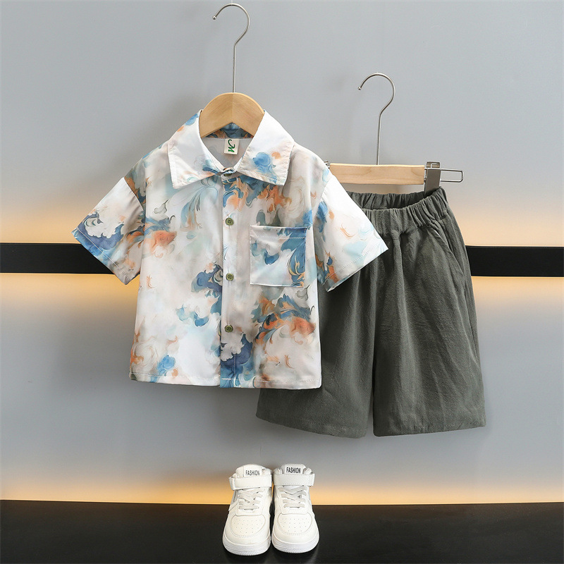 5711 Traje de manga corta de camisa de estilo occidental de verano para niños 2025 nuevo y hermoso vestido de verano para niños delgado tie-dye frito callejero
