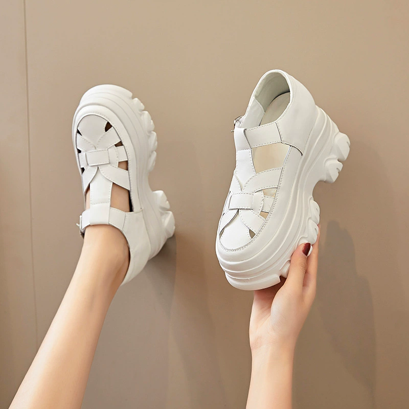 Женские босоножки из натуральной кожи на толстой подошве, увеличивающие рост, новые винтажные римские туфли на высоком каблуке с вырезами, лето 2023, в Корейском стиле