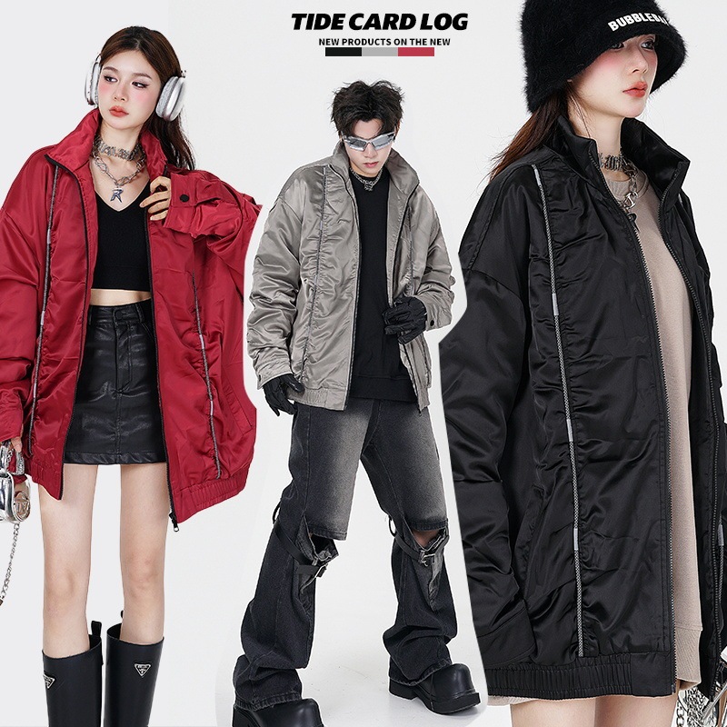 TIDE CARD LOG | American stand collar jacket retro high street light zipper couple's thickened cotton jacket