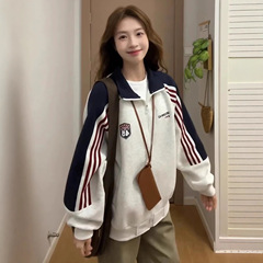美式高街三条杠撞色立领卫衣女春秋款宽松慵懒风chic休闲开衫外套