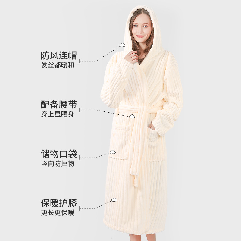 Thickened coral velvet adult pajamas, pajamas, autumn and winter bathrobes, men's and women's extended morning robes, soft and absorbent couple pajamas