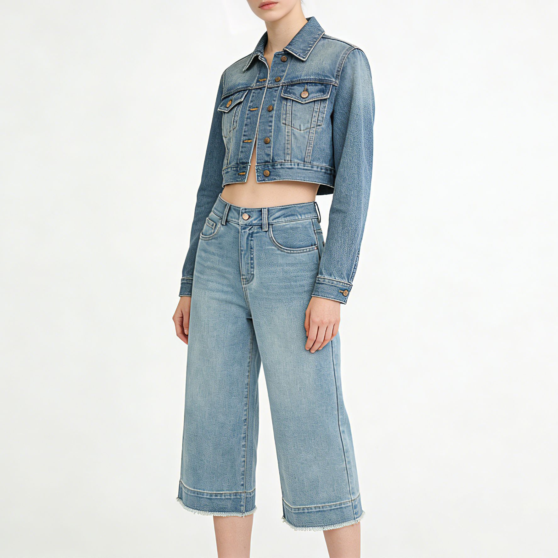 Quần jean nữ ống rộng cạp cao, chất liệu cotton pha linen mỏng nhẹ, dáng suông rủ, gấu tua rua — xanh lam chi tiết 2