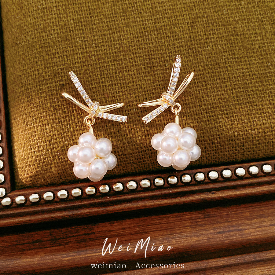 14 quilates de oro real chapado aguja de plata zircon arco perla pendientes temperamento pendientes de nicho ligero lujo alta sensación de pendientes image 1