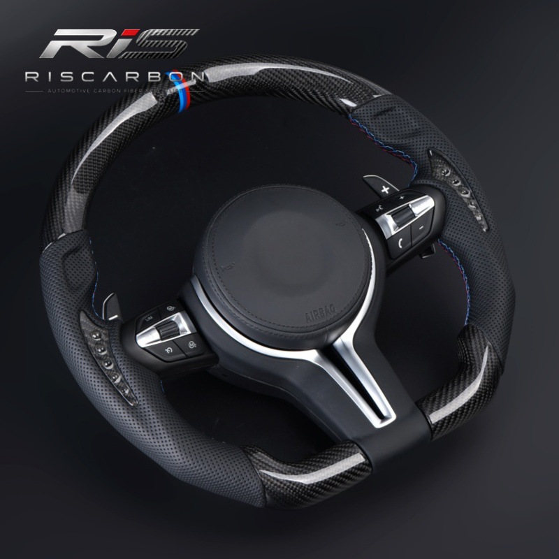 Carbon fiber steering wheel with crystal accents, flat-bottomed design, compatible with BMW F30F10F11F15F16F20F25F18