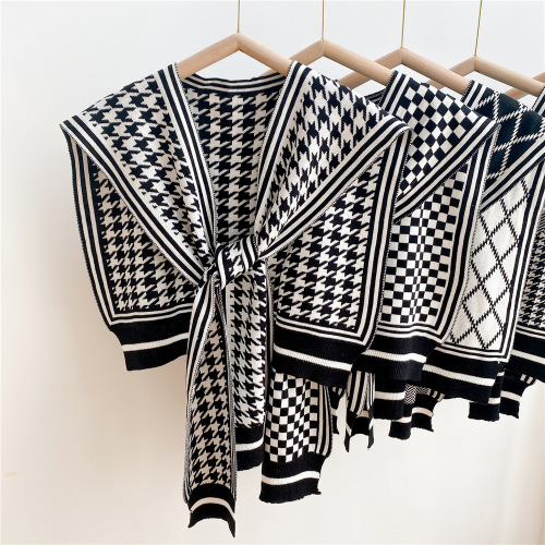 Black and white houndstooth plaid shoulder shawl spring and autumn outer knitted scarf for women, fashionable and versatile, decorative fake collar waistcoat