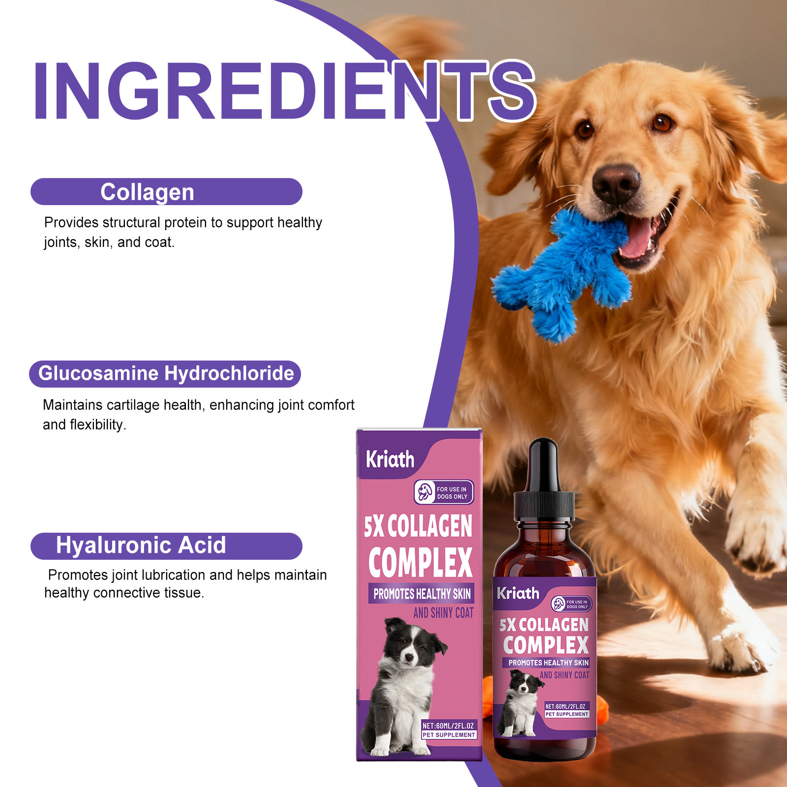 Kriath Dog Collagen Drops Joint Care Skin and Coat Care Gentle Formula Delicate Care