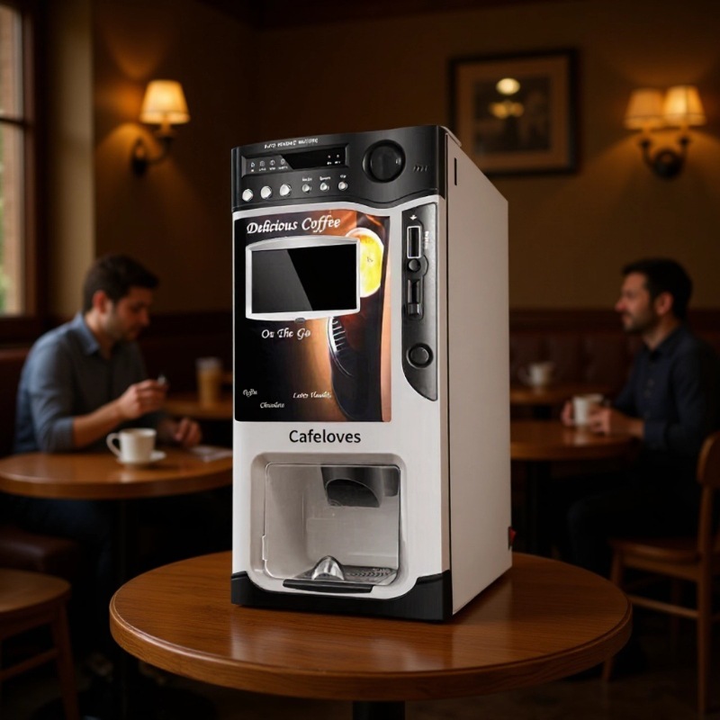 Máquina de café de 7 cafeteras de monedas de escritorio totalmente automática de 7 pulgadas pantalla de publicidad HD tres canales máquina de venta de bebidas