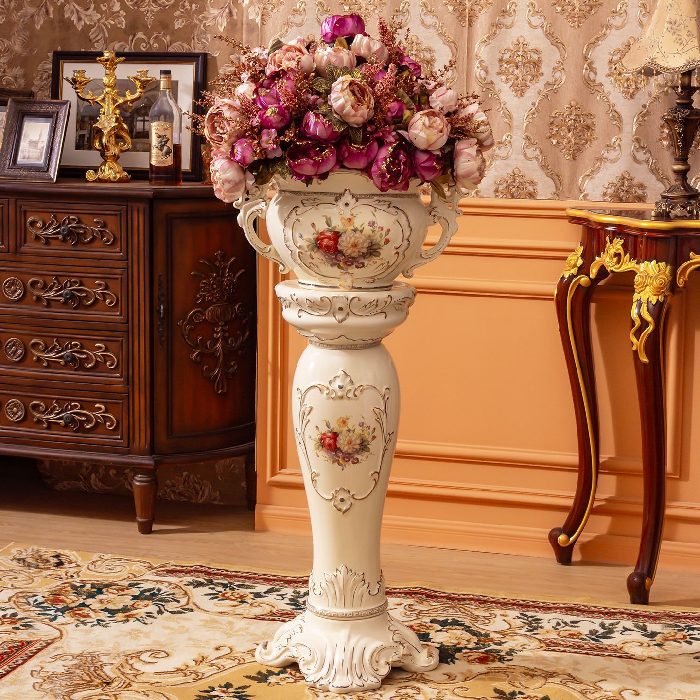 欧式酒店大堂别墅客厅落地大花瓶高款高档陶瓷罗马柱花盆装饰摆件