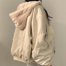 春夏新款两面穿毛绒棉服女韩系百搭宽松连帽加绒加厚外套女棉衣女