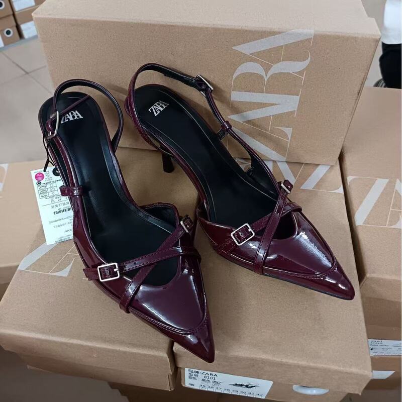 ZA2024 Autumn New Women's Shoes Crimson Cross Buckle with Pointed Heel Sandals British Style Mueller Shoes