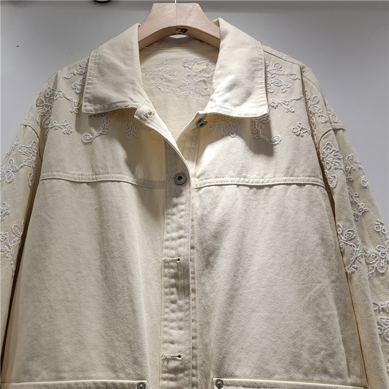 Chaqueta Vaquera con Bordado Floral de Poliéster, Holgada de Manga Larga para Primavera