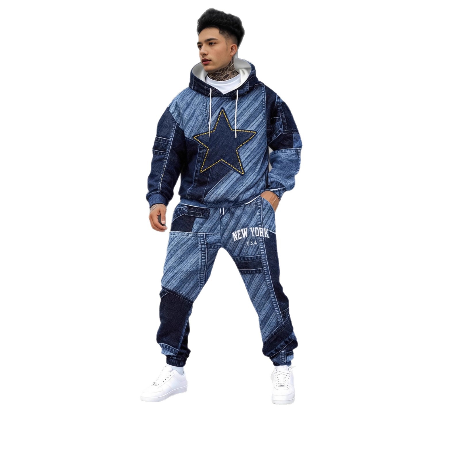 Ensemble sweat-shirt à capuche et pantalon de jogging effet denim pour homme, imprimé numérique, deux pièces décontractées, noir, bleu, gris_voghion.com