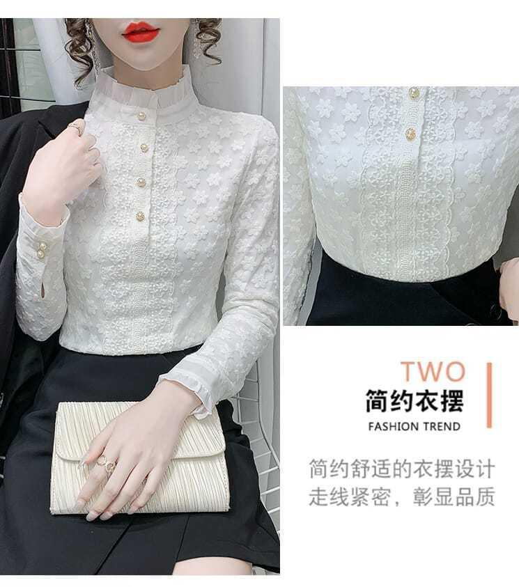 A high-end lace base layer shirt with added fleece and thickening for women in 2022, a stylish long-sleeved, warm and versatile top pic 7