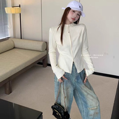 韩版拉链半高领显瘦短外套女2025春夏新款气质百搭修身长袖T恤