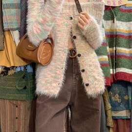 甜辣一字肩仿水貂绒毛衣外套秋冬新款甜美慵懒风修身针织开衫上衣