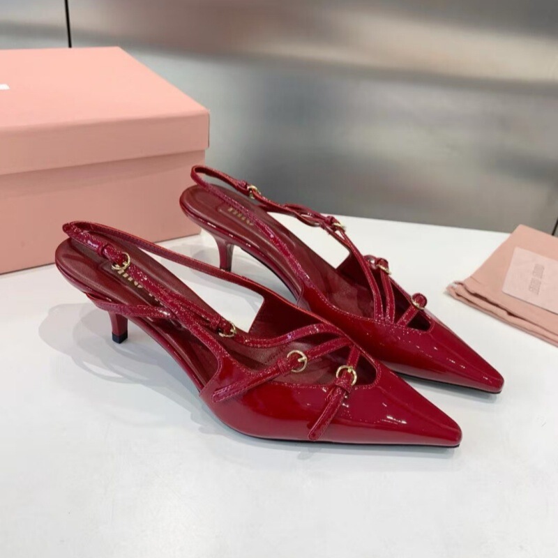 女性用朝ハイヒール、新作フレンチスリムミディアム2025miu春夏キャットヒールつま先サンダル、ポインテッドトゥヒール|undefined