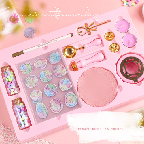 Set of Wax Sealing Stamps, Candle Wax Pellets, Stamp Head, Gouka, Beginner Spatula, Toy for Girls and Children, Holiday Gift Box