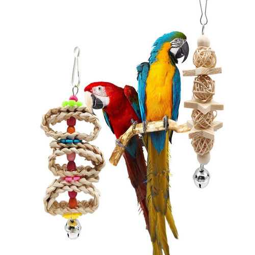 Parrot Toy Set with Perch Swing Bird Toys 8-Piece Natural Wood Color Bird Accessories for Biting Birds