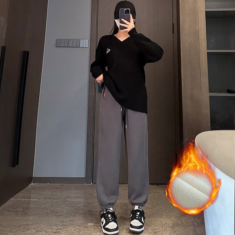 【反季特卖】加绒加厚运动休闲卫裤女冬季保暖摇粒绒束脚哈伦裤|undefined