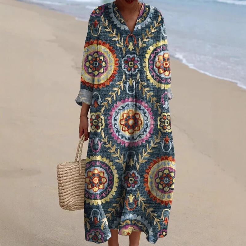 Cross-Border Independent Site Amazon Long-Sleeve Shirt Dress for Women Casual Floral 3D Print Long-Sleeve Dress E023