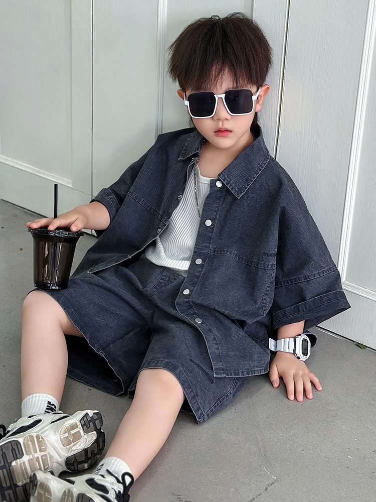7364 traje de manga corta para niños verano 2025 nuevo estilo estilo occidental ropa para niños coreanos camisa de verano de dos piezas verano